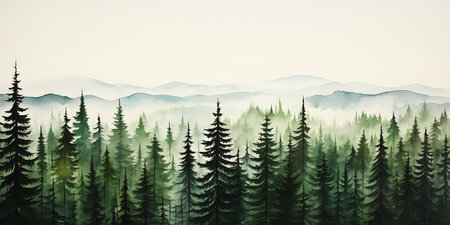 forest mountain background volumetric hazy lighting borders illustration flat grey lost green charts tall pine trees young, generative aiの素材