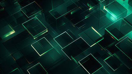 lines green background squares lights abstract hyperprism matrix translucent microchip young floating pieces entities, generative aiの素材