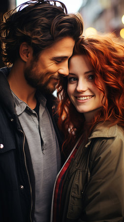 couple standing close together city night long fiery red hair beard hires large smile curly trimmed mustache bosnian morph frame face, generative aiの素材