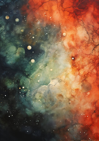 sky lot bubbles stars design milk smoke pit nebulas interconnections earth tones soft color princess orange otherworldly canvas coated red paint, generative aiの素材