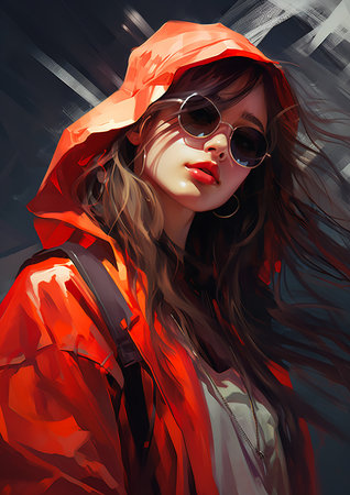 young woman red raincoat sunglasses face bandana impactful color teenager girl, generative aiの素材