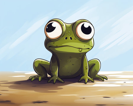 down cartoon frog sitting ground eyes wide open face background portrait animal environment design streaming looking professional trustworthy one reptilian eye cloudy used bright, generative aiの素材