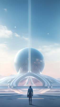 man standing front structure plane flying overhead concept lens flares abstract temple truth white brandishing sword torus energy symmetry, generative aiの素材