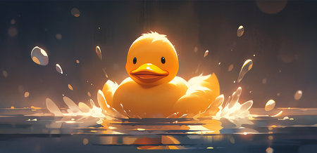 closeup yellow duck floating body deep league legends cute cartoon bubble bath soft lighting rusty used bright illustrations, generative aiの素材