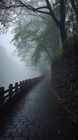 fog walkway stone wall trees foggy day reminded grim reaper anomalous object lake road, generative aiの素材