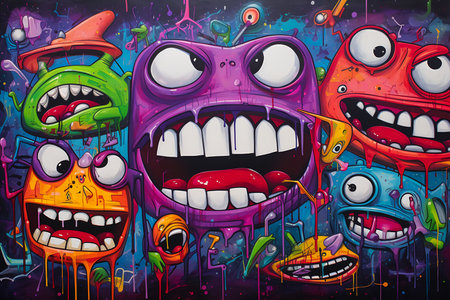 graffiti cartoon monsters teeth eyes cool space colors cosmic stars purplish background anthropomorphic humanoid slimes malls morph, generative aiの素材