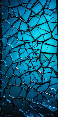 design closeup broken glass window blue background bridges black mirror cracked brick forbidden beauty body full scars street kaleidoscope asymmetric talented cover, generative aiの素材