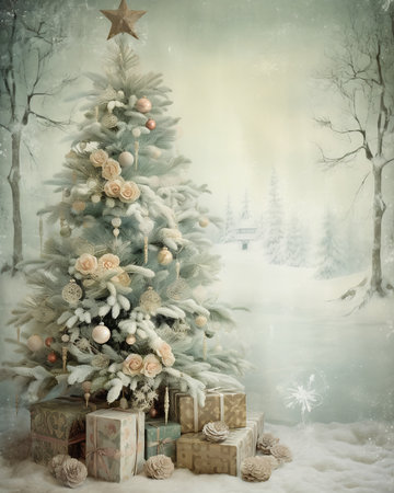decorated tree presents under snow pink grey color pale yellow tall slender gentle mists ancient classroom background profile, generative aiの素材