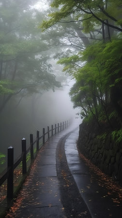 fog road lined trees bushes rainy gloomy mysterious leading lines path old stone wall lamented walking right sinister vibe, generative aiの素材