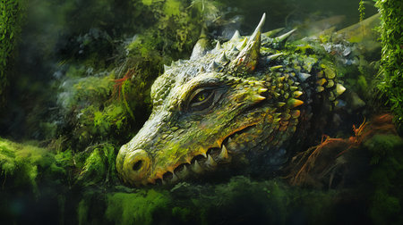 dragon forest moss paint job princess smiling young city anthropomorphic merging crocodile head wearing mask, generative aiの素材