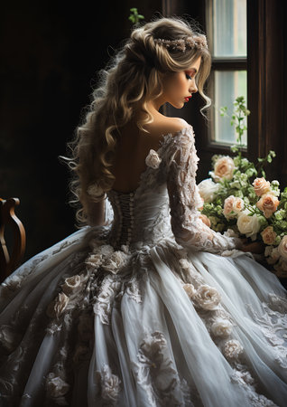 woman wedding dress sitting window flowers long luxurious blond hair one thousand years longing lower back standing wearing corset clothes facing away, generative aiの素材