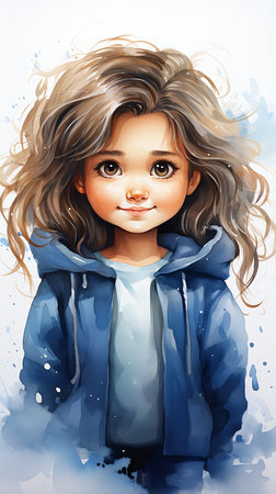 little girl long hair blue jacket sincere face cartoon shading slight smile open eyes brave young life curls avatar turning head smiling marvelous expression, generative aiの素材
