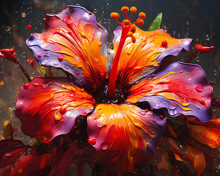 brightly colored flower deep droplets garden unstirred paint hibiscus fluid dynamic forms automatism close brushwork computer brush, generative aiの素材