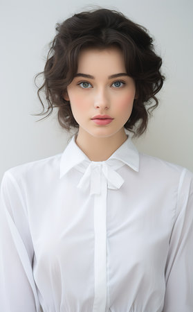 closeup woman white shirt portrait magical girl short hair facial soft blush bow face clear desirable, generative aiの素材