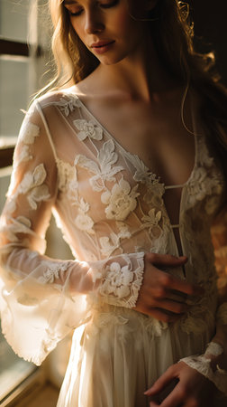 closeup woman wedding dress standing near window fashion model body princess exposed back silky lit dawn light feeling surrender embroidery wearing honey dressed, generative aiの素材