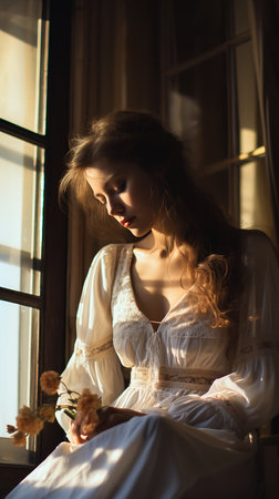 woman white dress sitting window teddy bear sunrise lighting perfect crisp sunlight brown corset looking downwards portrait poetical yellow, generative aiの素材