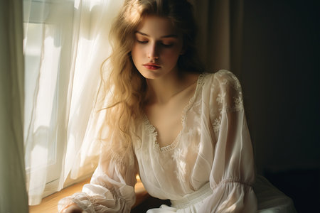 woman sitting bed reading book long white dress sheer girl windowsill diffused natural skin glow wearing clothes beauty window, generative aiの素材