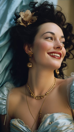woman blue dress gold necklace earrings talented still happy short curly hair smiling wearing era clothes early associated press closeup portrait nautical siren, generative aiの素材
