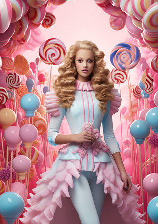 woman pink dress white tights standing candy land hair fructose lollypops big girl wearing uniform imagery, generative aiの素材