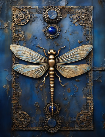 closeup dragonfly metal surface blue background entrance ancient dungeon door dune butterfly doors, generative aiの素材