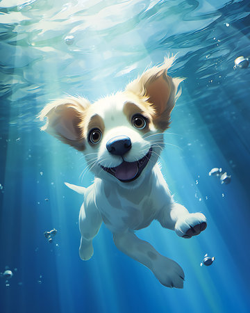 puppy swimming ocean bubbles sunbeams studio poster princess smiling, generative aiの素材