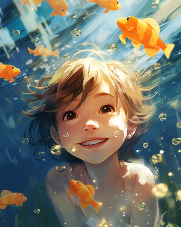 boy fish deep closeup adorable used bright smiling amazed orange color tone tiny girl looking breathtaking swimming mesmerized, generative aiの素材