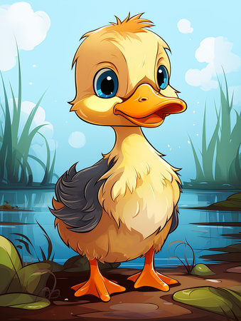 duck cartoon standing shore lake grass splash profile streaming big eyes kind appearance portrait cute monster heavily damask pet animal rubber ducky, generative aiの素材