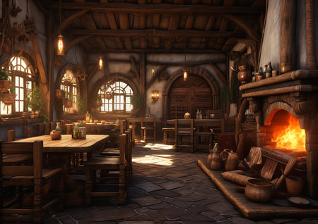 medieval room fireplace table chairs elvish tavern house kitchen sunny day pub details, generative aiの素材