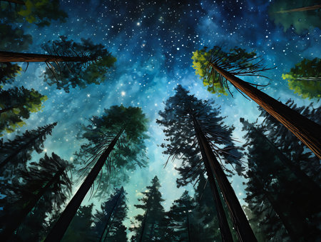 mil forest tall trees star sky breathtaking overlays awe inspiring cosmic imagery night vast elements naturalistic technique, generative aiの素材