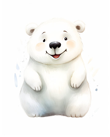 white polar bear standing paws back sticker yellow color eyes smiling city computer design eucalyptus kind smile using obese, generative aiの素材