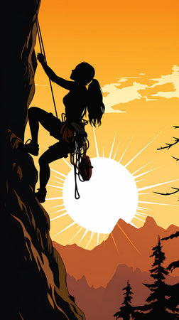 woman climbing mountain sun setting behind illustration hidden dangers ability flat color coveted alive reaching used bright climber danger facing forward, generative aiの素材