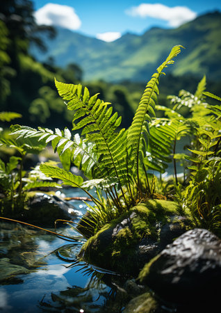 closeup fern plant growing rock stream vista tranquility wonderful shadows lenses loch ness monster princess graeme beach tropical vegetation valley, generative aiの素材