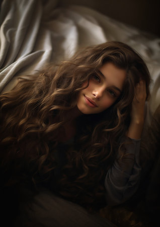 woman laying bed long hair blanket brown puffy curly girl necromancer profile talented young curtain cute face linen, generative aiの素材