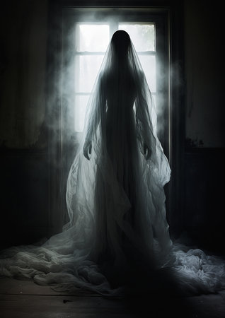 woman wedding dress standing front window horror ghost dynamic backlighting pulling move banshee dimly lit room clear silhouette arcane female floating xray watched, generative aiの素材