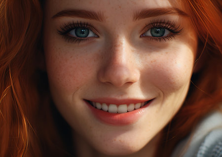 woman red hair blue eyes smiling professional closeup city human juicy peach light freckles russian academic angelic face mid unsettling grin female mascara princess, generative aiの素材
