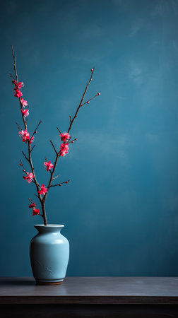 vase flower sitting table plum blossom blue black wall elm tree vermillion cyan homes garden magazine vertical composition matte, generative aiの素材