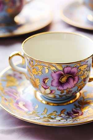 radiating tea cup saucer table purple gold closeup product aristocratic appearance color palette arcane patterns luxury equipment defense colors drinking pastel blue dichrom, generative aiの素材