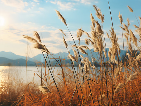 back tall grass front lake mountains background grain lens full warm colors november test ground haze living princess, generative aiの素材