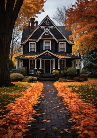 black house pathway front tree orange leaves sweeping action home alone vintage michigan avoid symmetry long cape dentils perfect, generative aiの素材