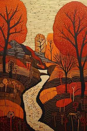 landscape trees river wood carving fall vibrancy black orange color palette rupert summer plotter, generative aiの素材