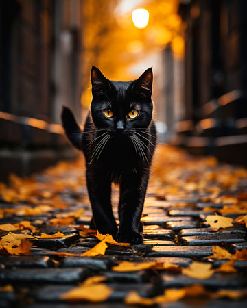 black kitty cat kitten walking cobblestone road yellow leaves intense demonic look eyes whisky emmanuel sleek metal ears toward stealthy close night cheddar, generative aiの素材
