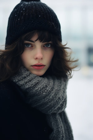 woman black hat scarf snow perfectly proportioned face tusk movie young short hair bangs slush necromancer girl love study, generative aiの素材
