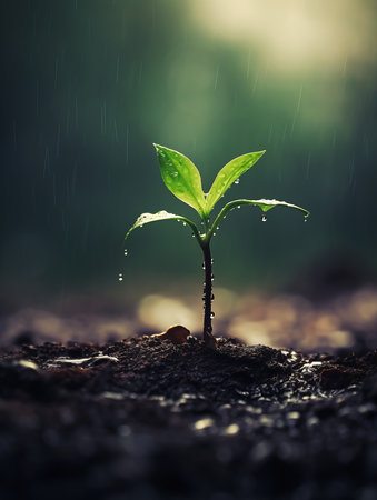 closeup small plant sprouting ground rainy background resources radiate connection new dawn darkness profile connecting life growing off tree banner protection, generative aiの素材
