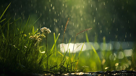 closeup grass field deep raining romantic attribution garden utopia earth sad sky afternoon botany weather imagining blissful fate floor cute, generative aiの素材
