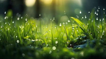 closeup grass covered deep droplets gentle green dawn light avatar earth covers lightly garden ecological scene after rain hillside star, generative aiの素材
