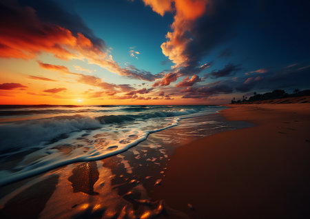 view beach waves crashing sand sunset clouds scattering caught flow time borders close night dreamland golden hour blissful, generative aiの素材