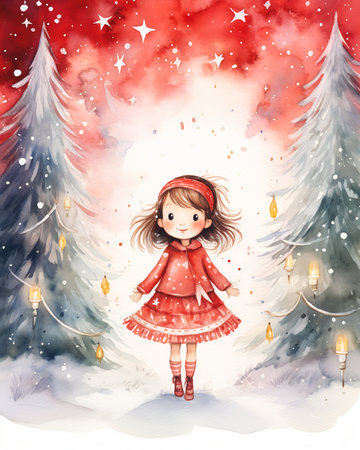 girl red dress standing front tree card template warm bright white light depths joy illustration fiery watery eyes sparkles air silver little welcome, generative aiの素材