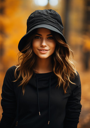 woman black hat standing woods portrait demi rose hoody fall season light brown neat hair attractive female face blond long young grey hoodie opened girl, generative aiの素材