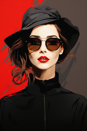 woman sunglasses hat asymmetrical spy finely perfect face black auburn color pallet idealized faint red lips, generative aiの素材