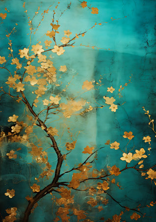 tree gold leaves blue translucent resin cherry blossom patina broken glass details teal turner lacquered, generative aiの素材